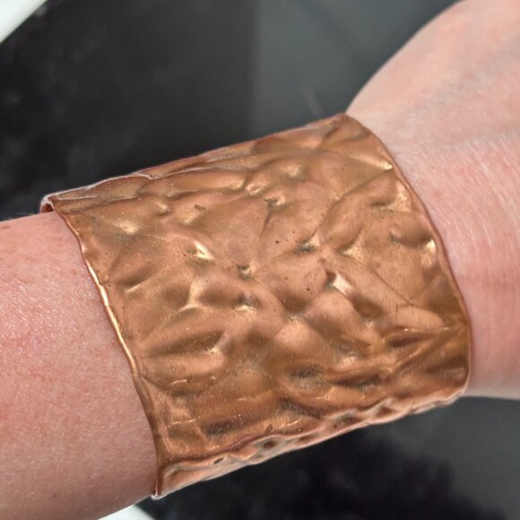 Solid Copper Cuff Bracelet Brutalist Modernist Handmade Statement Rustic Crinkle - Picture 2 of 13